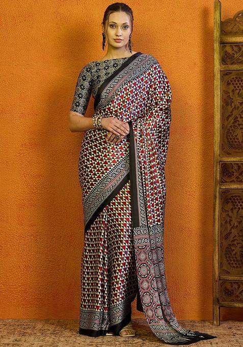 Red Printed Blended Saree Set