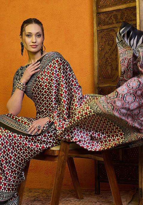 Red Printed Blended Saree Set