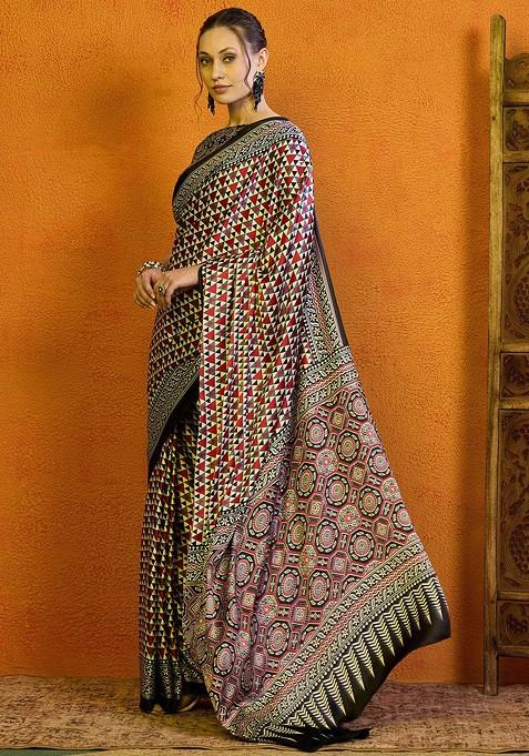 Red Printed Blended Saree Set