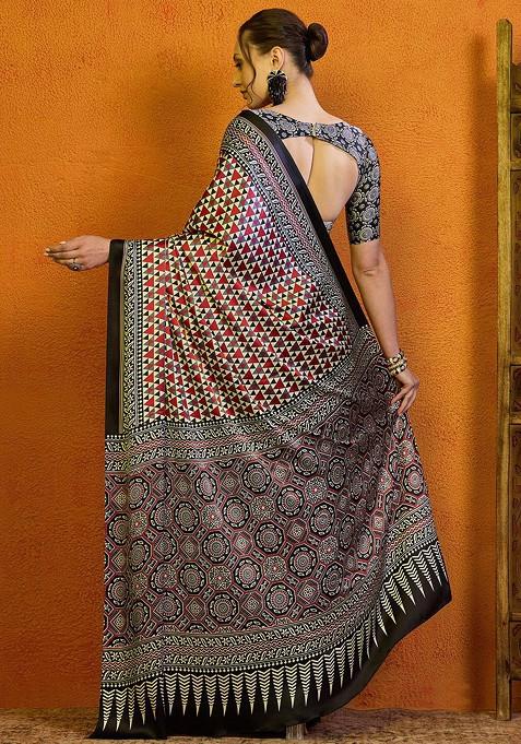 Red Printed Blended Saree Set