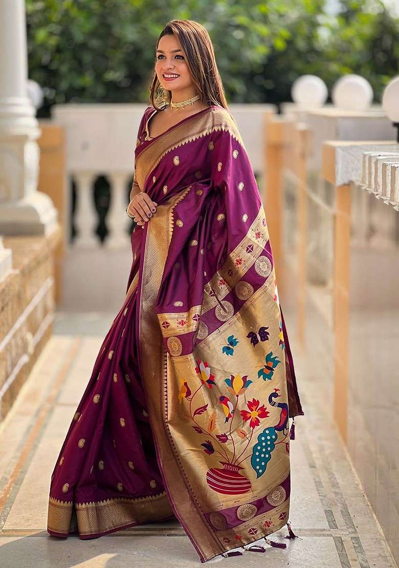 Purple Printed Blended Saree Set for Diwali and Festive Wear - Indya