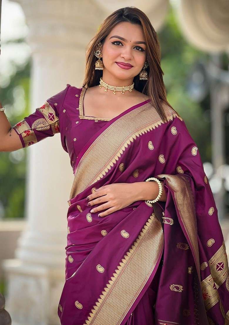 Purple Printed Blended Saree Set for Diwali and Festive Wear - Indya
