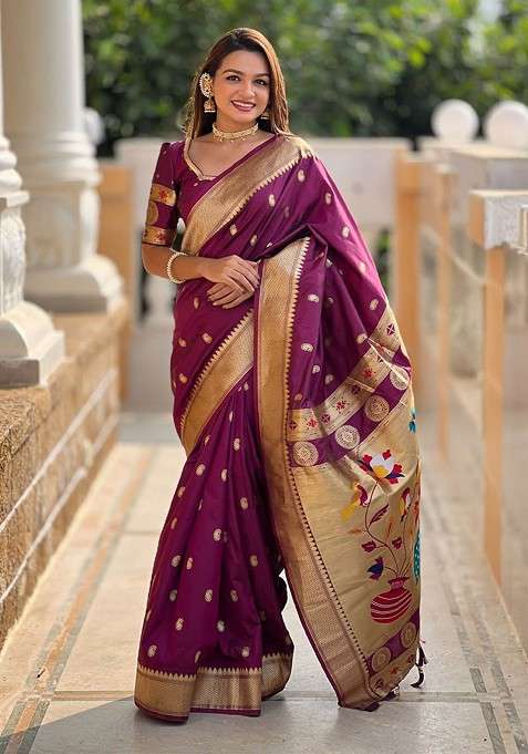 Purple Printed Blended Saree Set for Diwali and Festive Wear