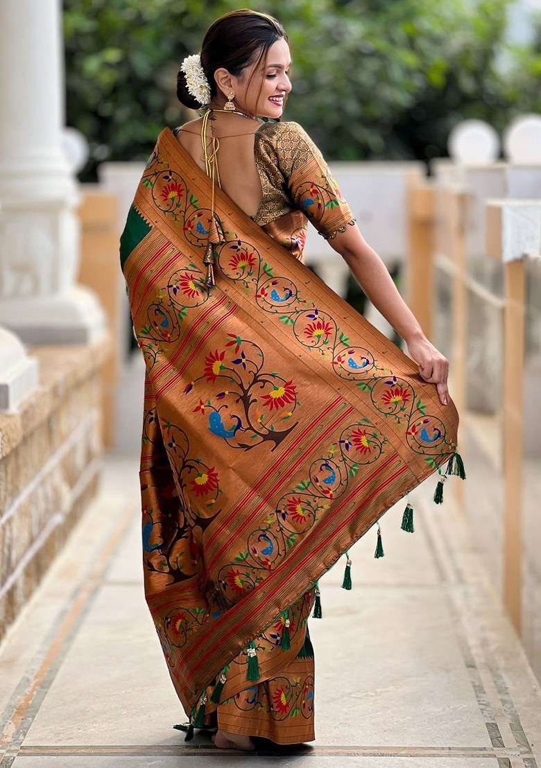 Green Embroidered Blended Saree Set for Diwali and Festive Wear - Indya