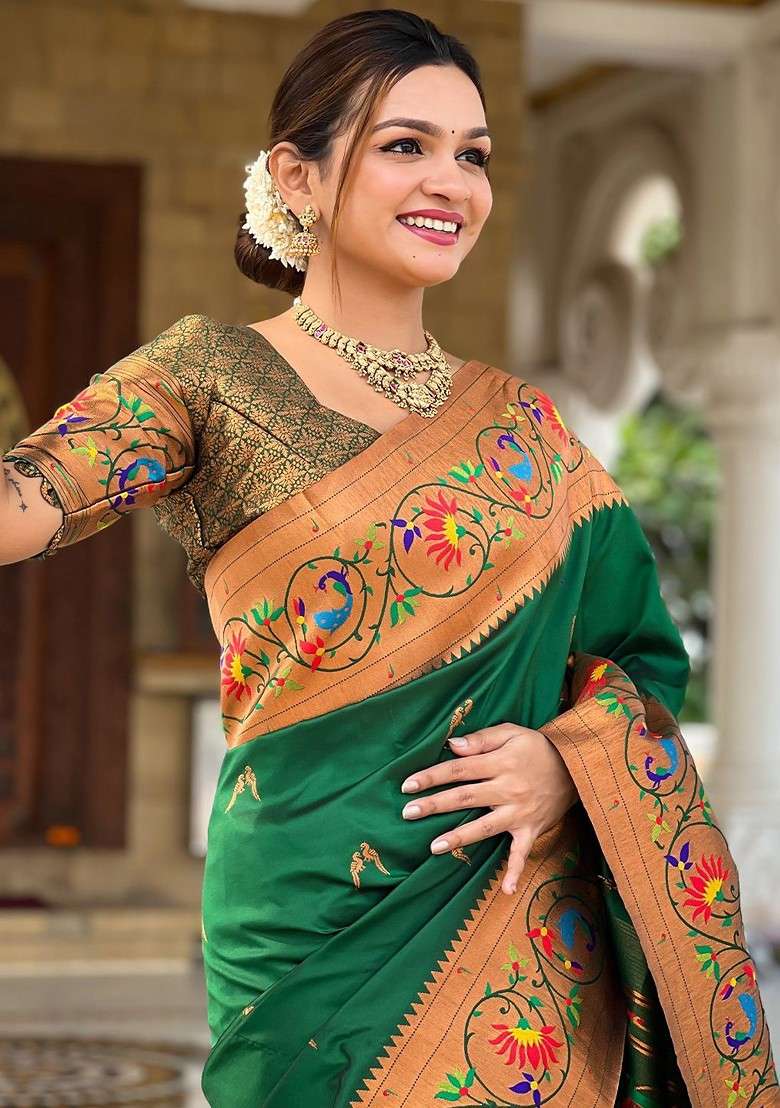 Green Embroidered Blended Saree Set for Diwali and Festive Wear - Indya