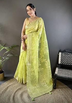 Lime Green Embellished Blended Saree Set