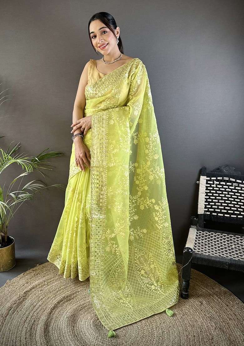 Lime Green Embellished Blended Saree Set for Diwali and Festive Wear - Indya