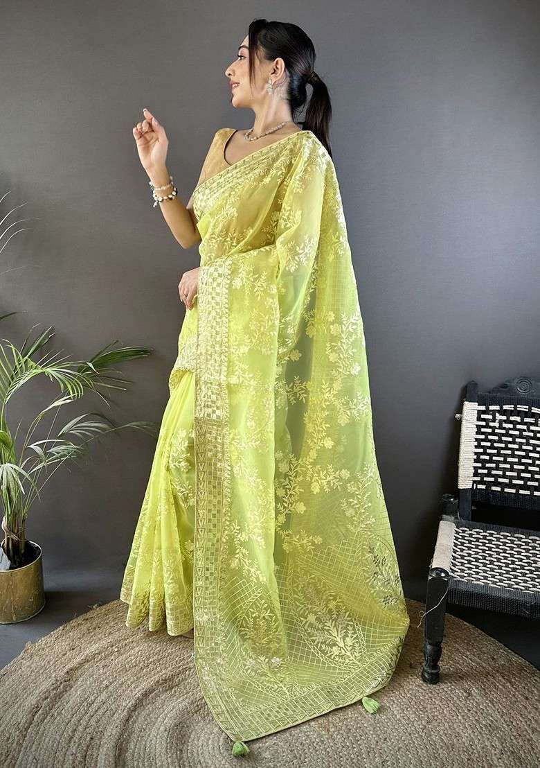 Lime Green Embellished Blended Saree Set for Diwali and Festive Wear - Indya