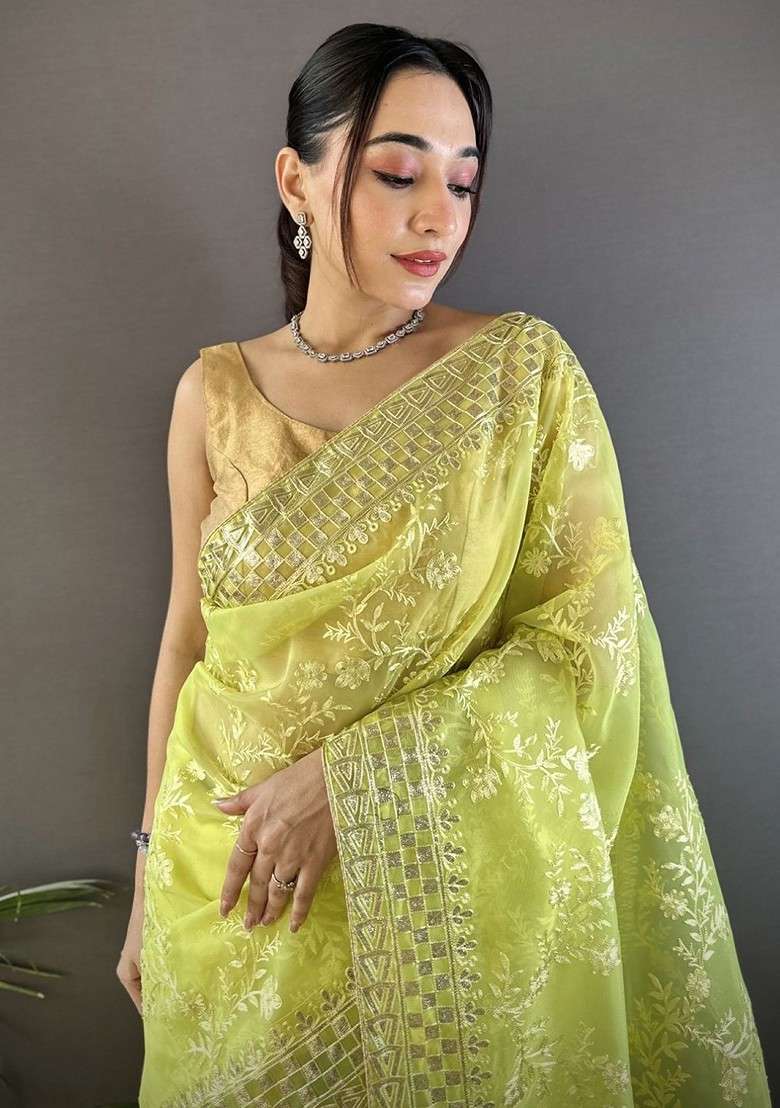 Lime Green Embellished Blended Saree Set for Diwali and Festive Wear - Indya