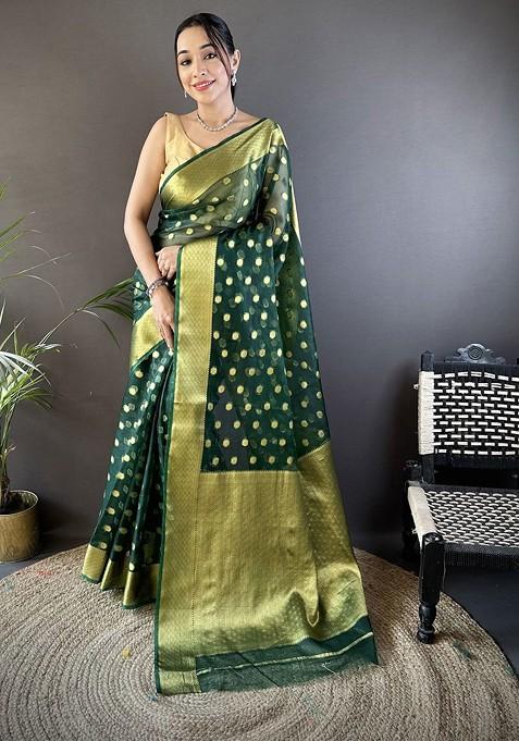 Green Embellished Blended Saree Set — view on Indya