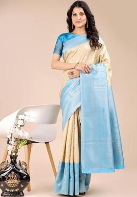 Turquoise Blue Embroidered Blended Saree Set