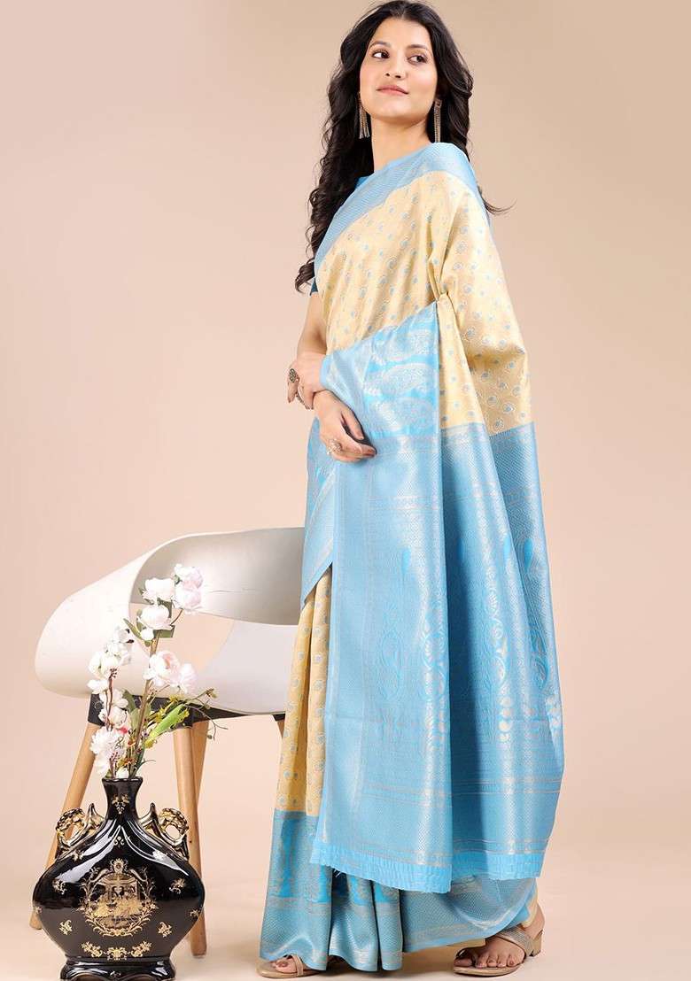 Turquoise Blue Blended Saree Set with Embroidered for Diwali | Wedding & Festive Wear - Indya