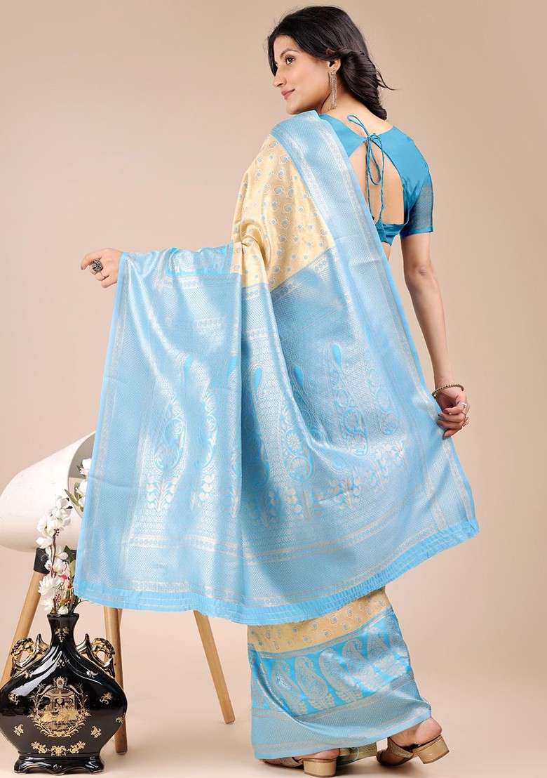 Turquoise Blue Blended Saree Set with Embroidered for Diwali | Wedding & Festive Wear - Indya