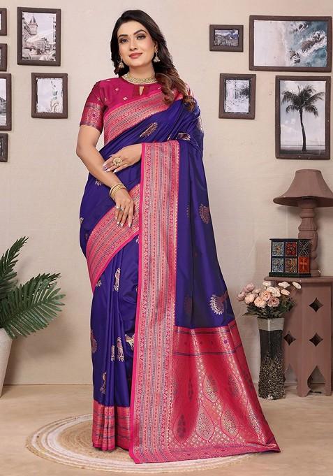 Violet Embroidered Blended Saree Set — view on Indya