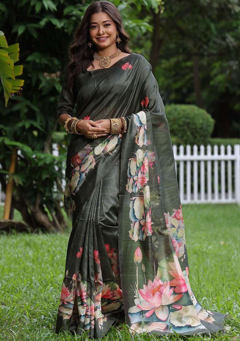 Olive Printed Blended Saree Set for Diwali and Festive Wear - Indya