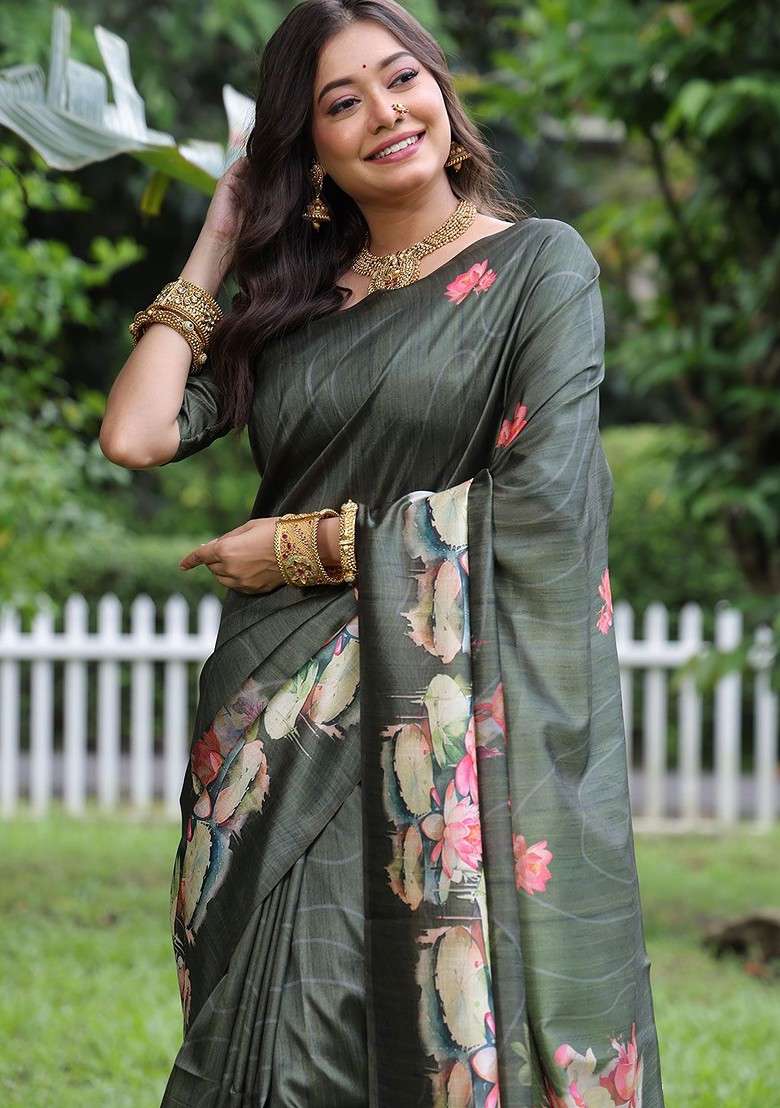 Olive Printed Blended Saree Set for Diwali and Festive Wear - Indya