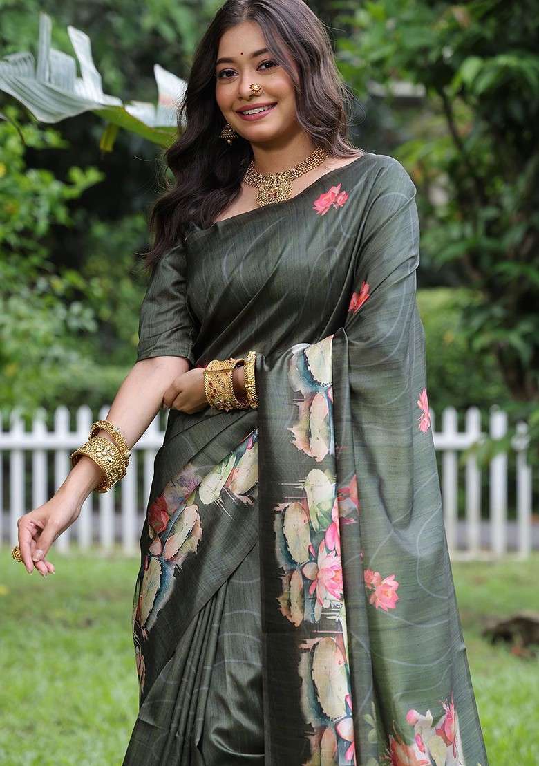 Olive Printed Blended Saree Set for Diwali and Festive Wear - Indya