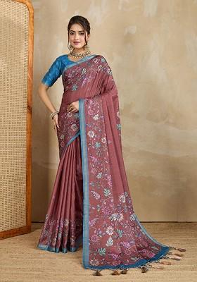 Maroon Printed Blended Saree Set