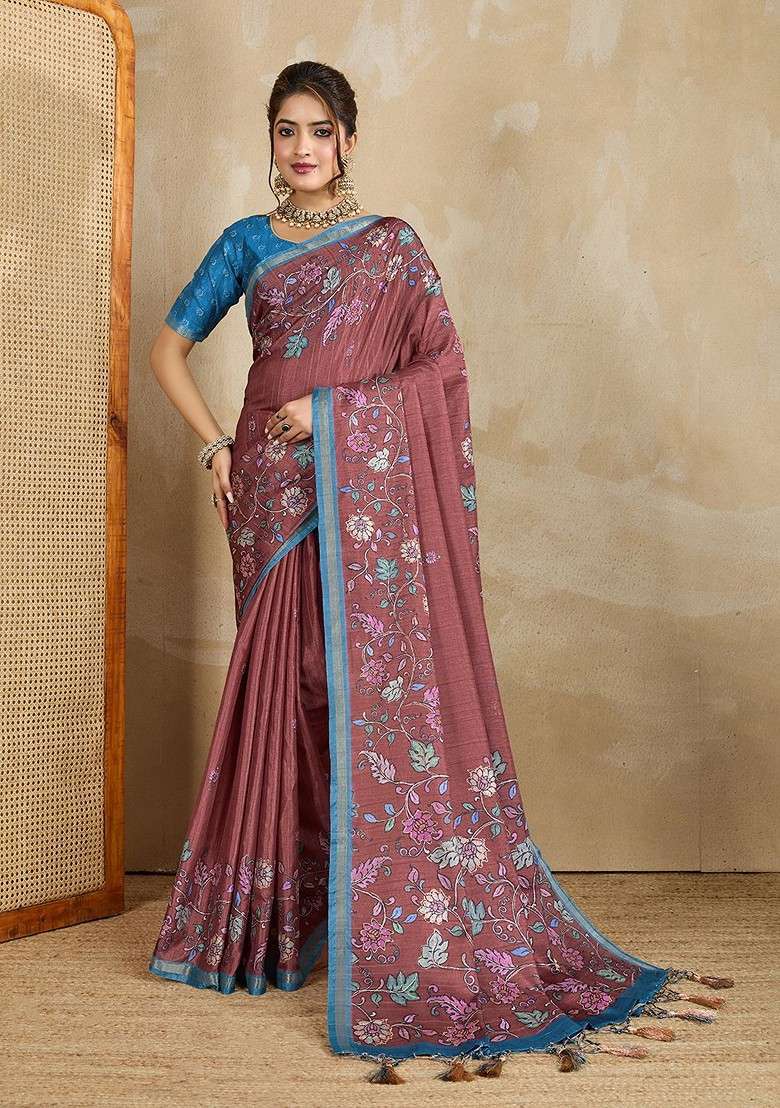 Maroon Printed Blended Saree Set - Indya