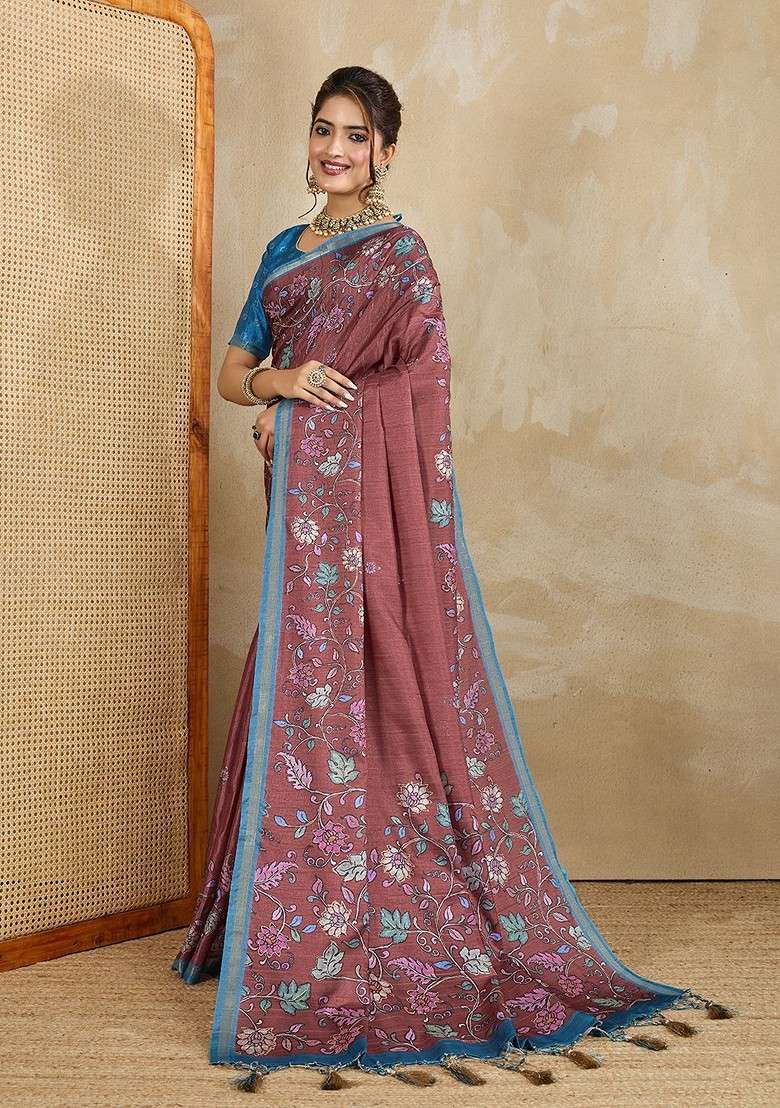 Maroon Printed Blended Saree Set - Indya