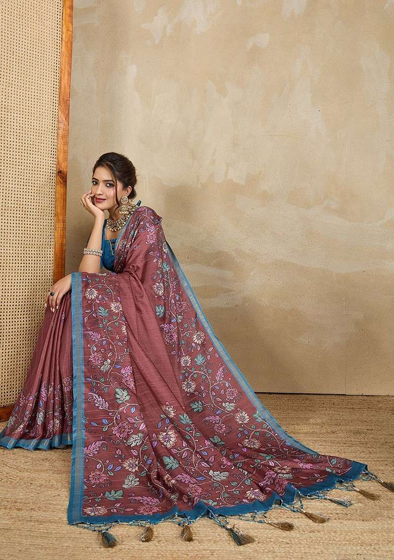 Maroon Printed Blended Saree Set - Indya