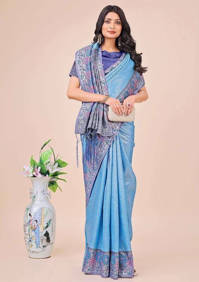 Turquoise Blue Blended Saree Set with Embroidered for Diwali | Wedding & Festive Wear - Indya