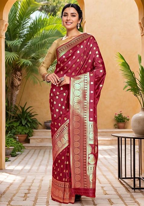 Maroon Jacquard Blended Saree Set — view on Indya