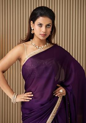 Purple Embellished Blended Saree Set