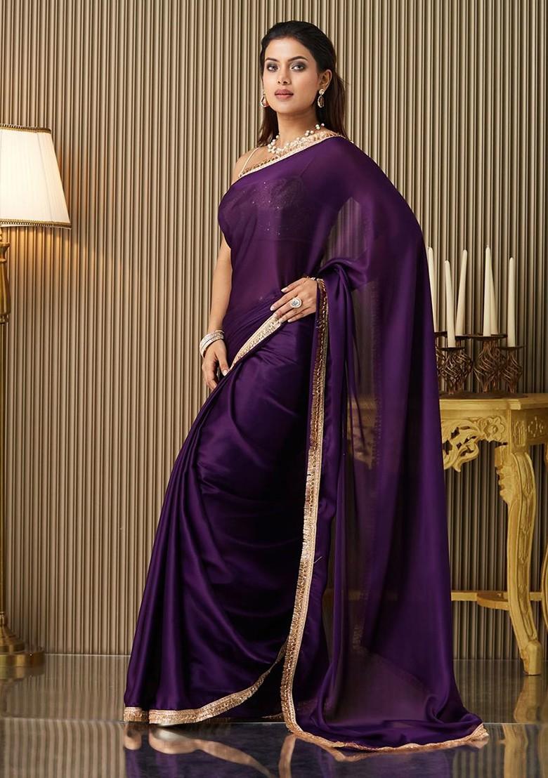 Purple Embellished Blended Saree Set