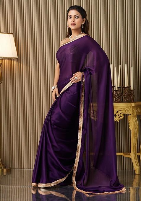 Purple Embellished Blended Saree Set