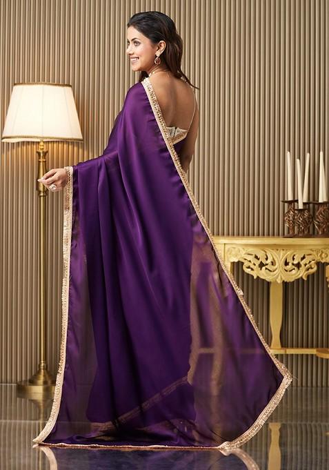 Purple Embellished Blended Saree Set