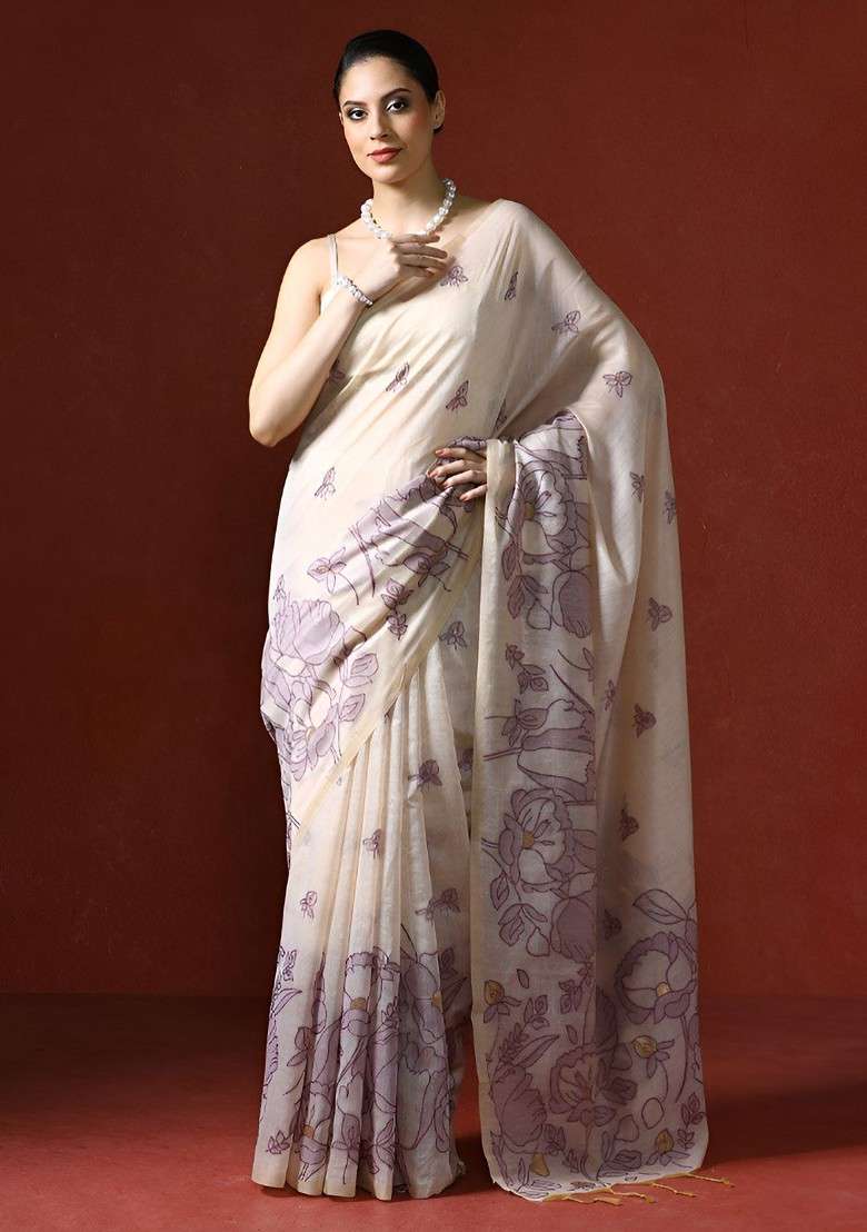 Off White Blended Saree Set with Printed for Diwali | Wedding & Festive Wear - Indya