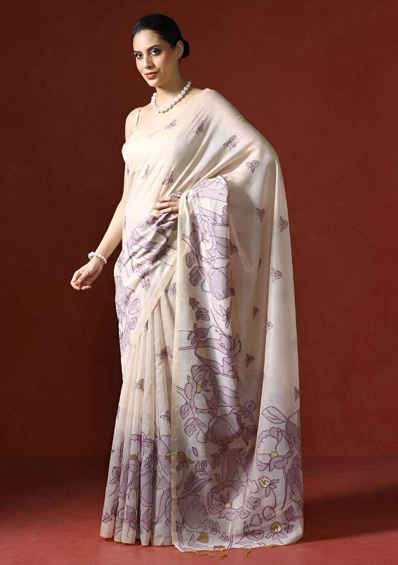 Off White Blended Saree Set with Printed for Diwali | Wedding & Festive Wear - Indya