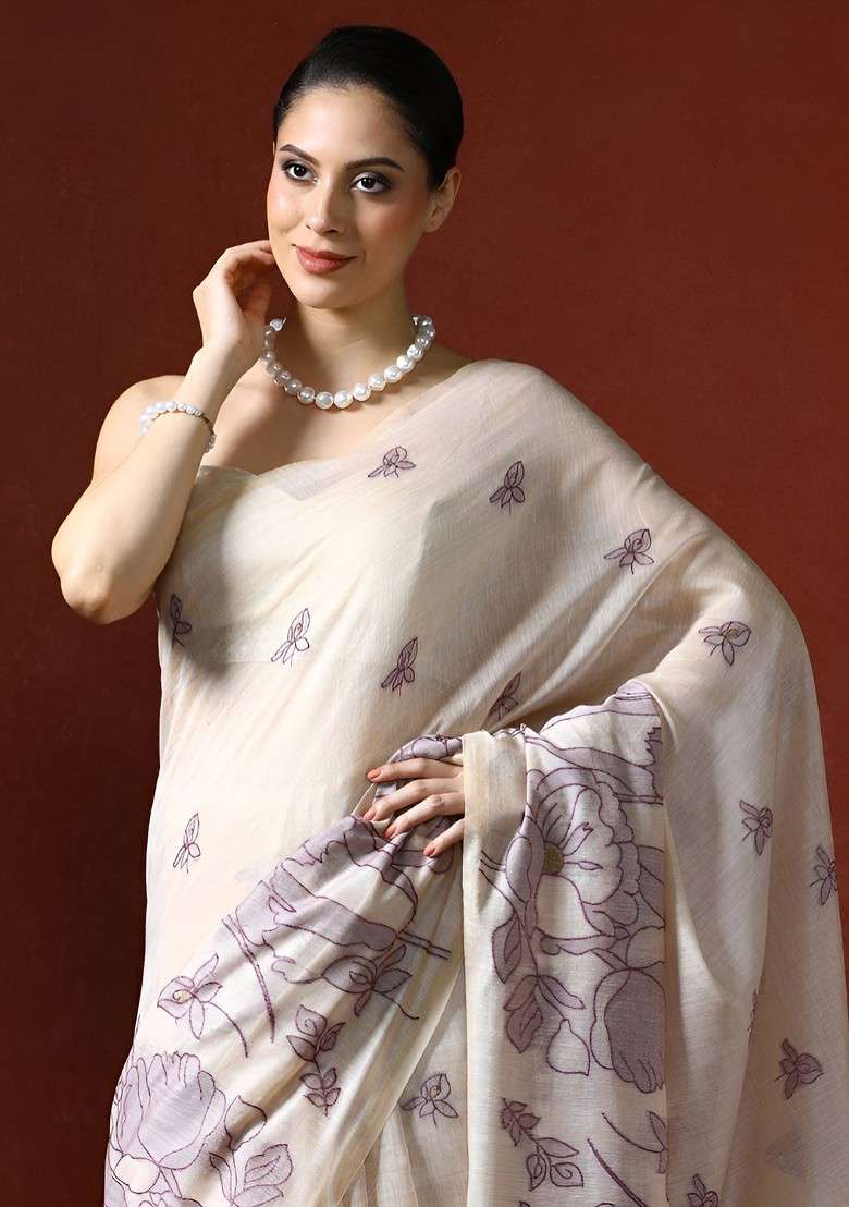 Off White Blended Saree Set with Printed for Diwali | Wedding & Festive Wear - Indya