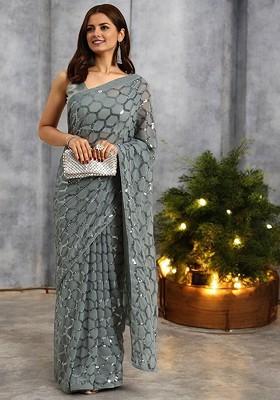 Grey Embellished Blended Saree Set