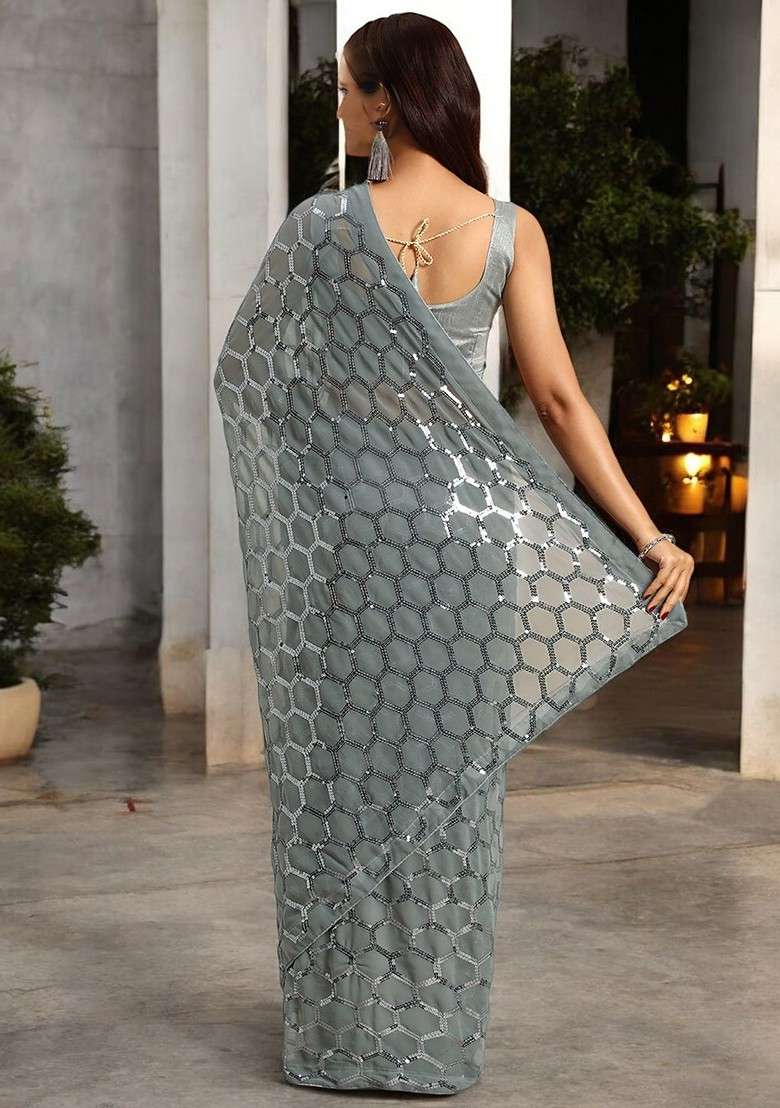 Grey Embellished Blended Saree Set for Diwali | Wedding & Festive Wear - Indya