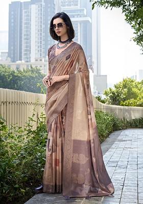 Coffee Brown Embroidered Blended Saree Set