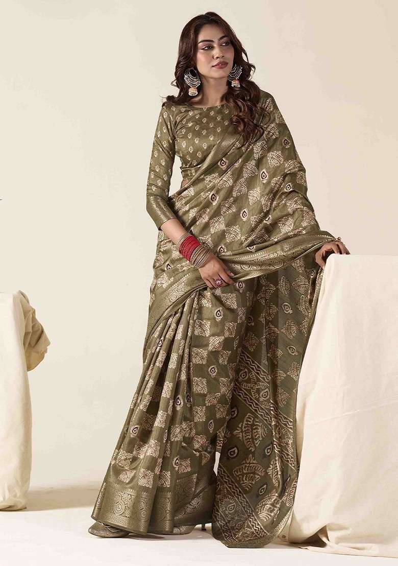 Olive Embroidered Blended Saree Set for Diwali and Festive Wear - Indya