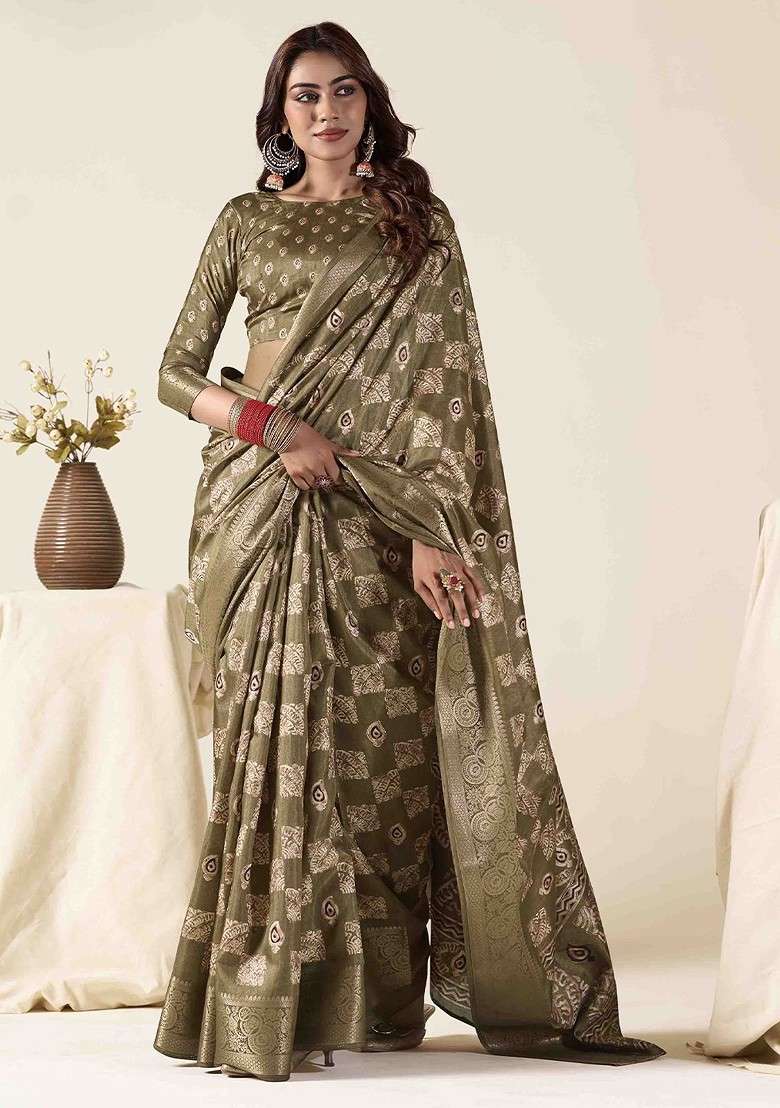 Olive Embroidered Blended Saree Set for Diwali and Festive Wear - Indya
