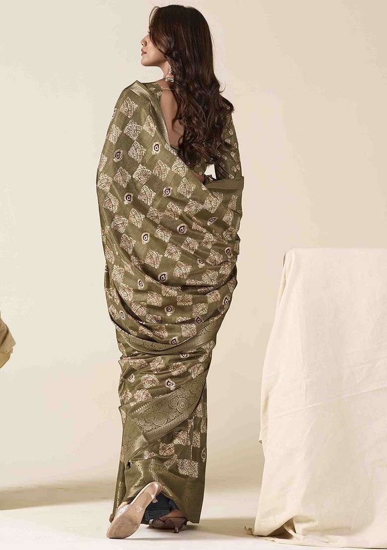 Olive Embroidered Blended Saree Set for Diwali and Festive Wear - Indya