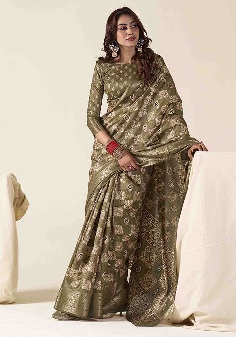 Olive Embroidered Blended Saree Set for Diwali and Festive Wear
