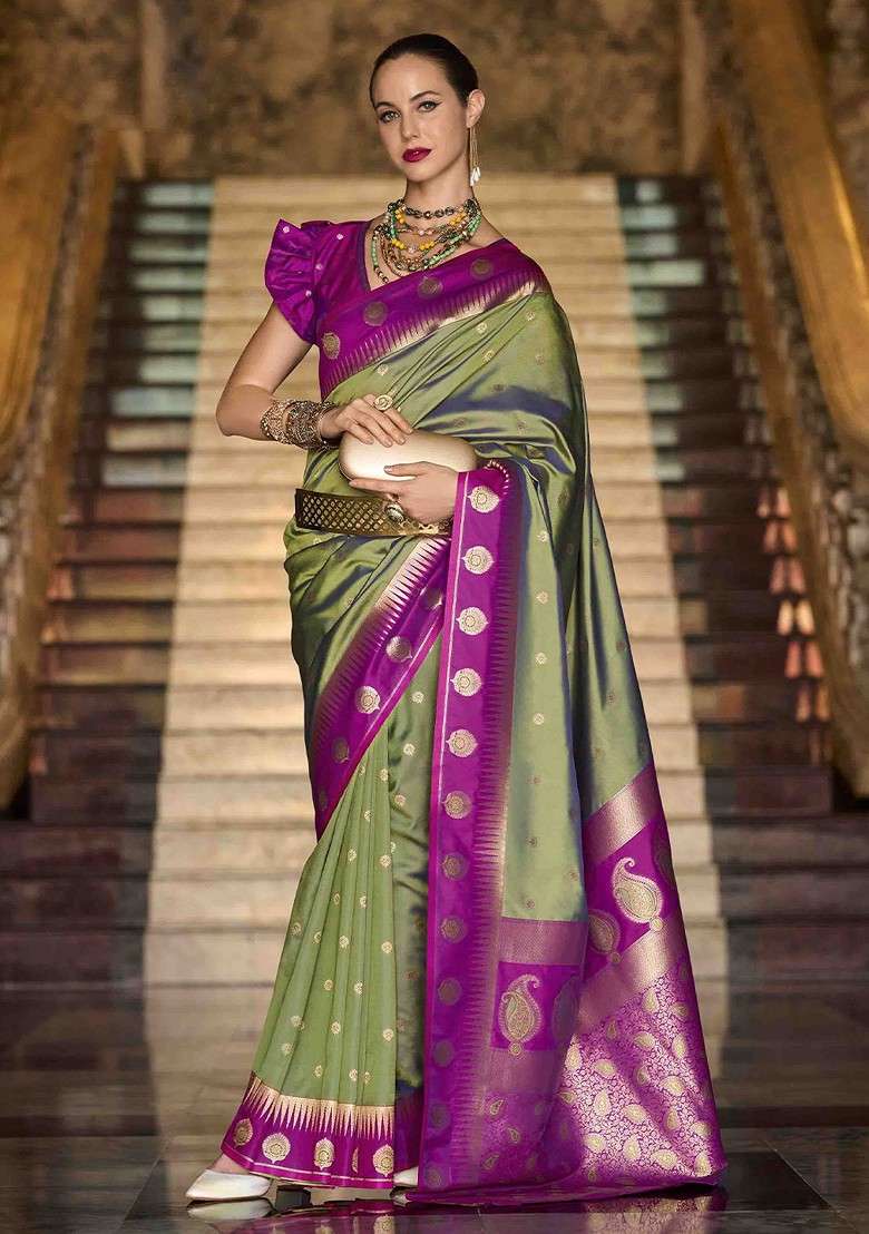 Olive Embroidered Blended Saree Set for Diwali and Festive Wear - Indya