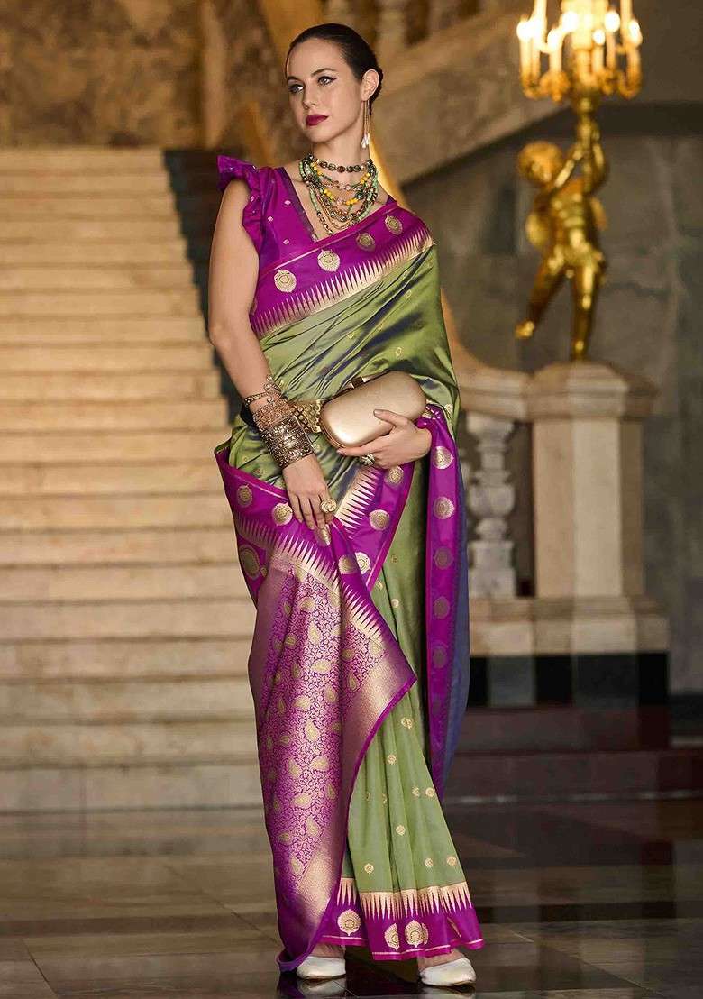 Olive Embroidered Blended Saree Set for Diwali and Festive Wear - Indya