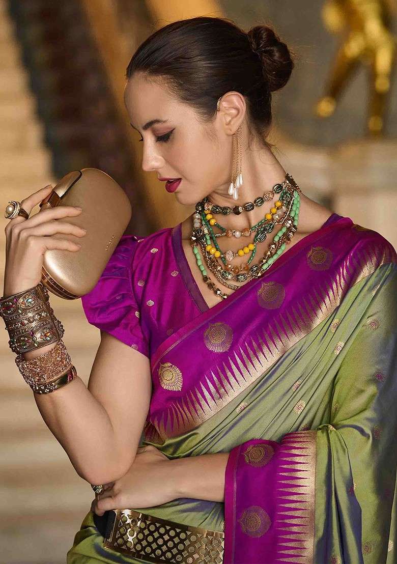 Olive Embroidered Blended Saree Set for Diwali and Festive Wear - Indya