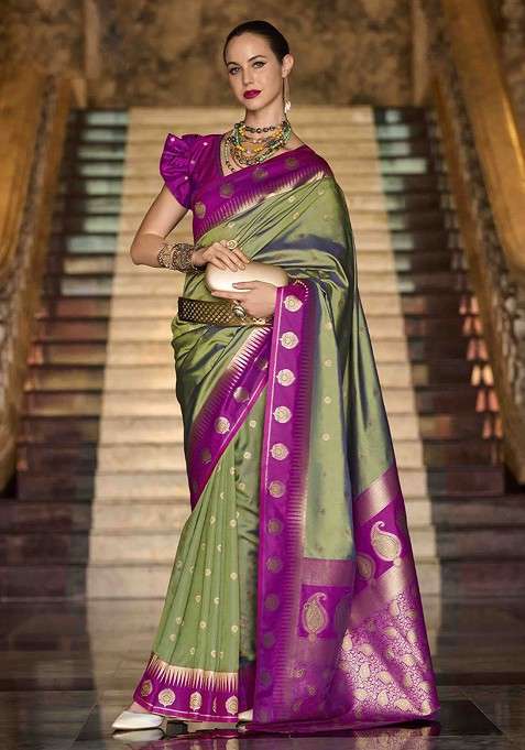 Olive Embroidered Blended Saree Set for Diwali and Festive Wear