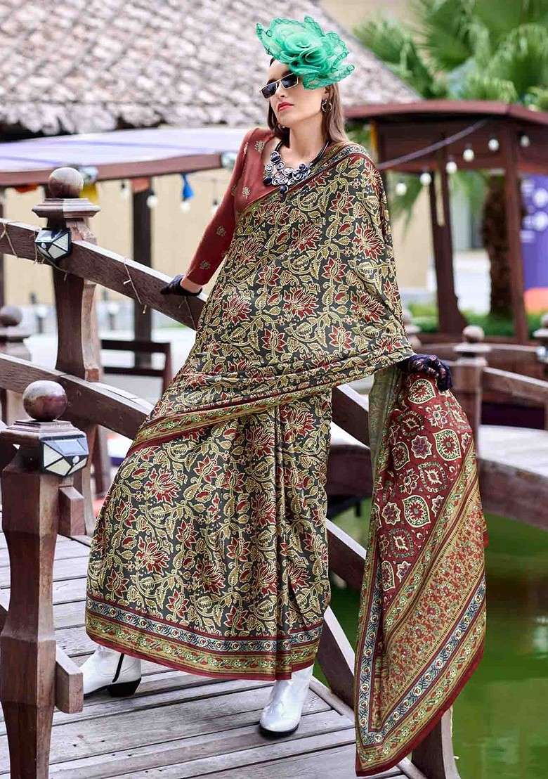 Olive Printed Blended Saree Set for Diwali and Festive Wear - Indya