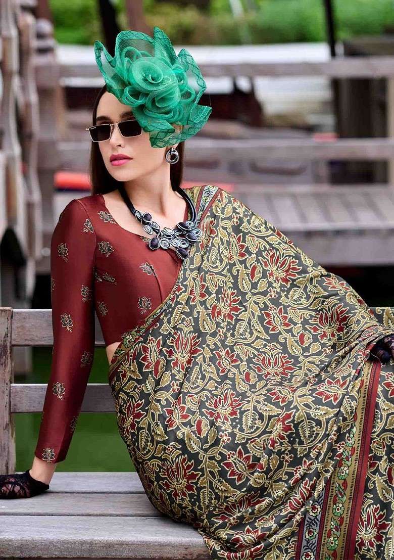 Olive Printed Blended Saree Set for Diwali and Festive Wear - Indya