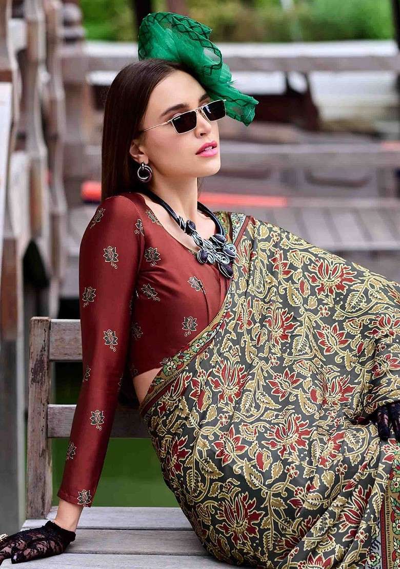 Olive Printed Blended Saree Set for Diwali and Festive Wear - Indya