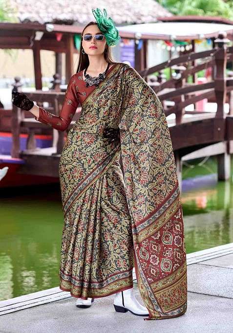 Olive Printed Blended Saree Set for Diwali and Festive Wear