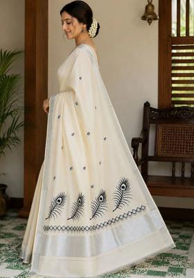 Off White Embroidered Cotton Saree Set